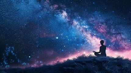 Obraz premium Light and balanced energy fields around a meditating figure with the Milky Way behind