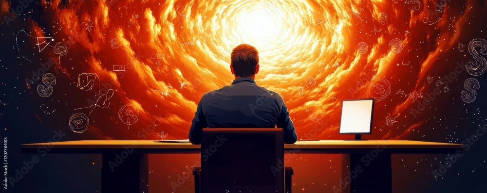 Poster individual contemplating in front of a computer screen with swirling cosmic imagery in background, r