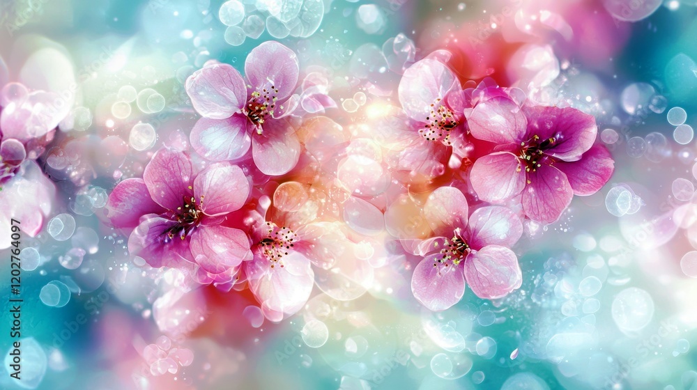 Poster beautiful cherry blossom flowers with soft bokeh effect creating a dreamy and colorful background fo