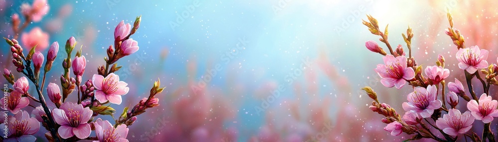 Poster beautiful spring blossoms with soft pastel colors and gentle bokeh effect, creating a serene and dre