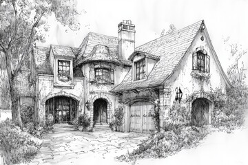 Obraz premium A detailed sketch of a charming Country French house style with a sloped roof, stone facade, and lush greenery surrounding it. The design features arched windows and a cozy entrance.