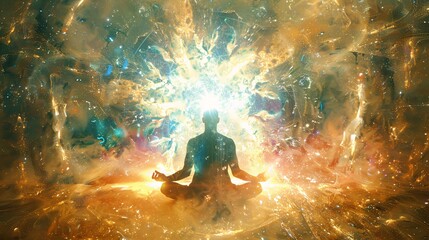 Naklejka premium Meditator surrounded by balanced masculine and feminine energies depicted with light and energy