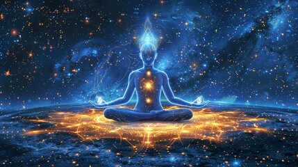 Bohemian-style meditation with spiritual balance and energy fields in a cosmic backdrop
