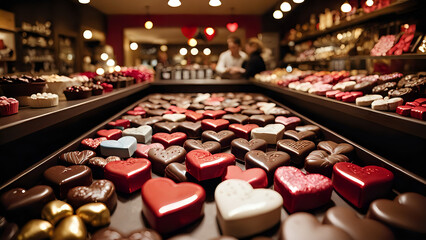 A bustling chocolate shop filled with heart-shaped boxes and Valentine's Day decorations, soft focus on customers. 300dpi