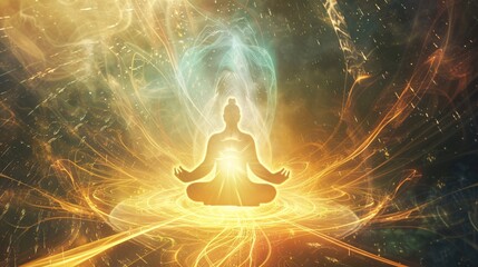 Harmony of energies depicted with light and energy fields around a meditating figure
