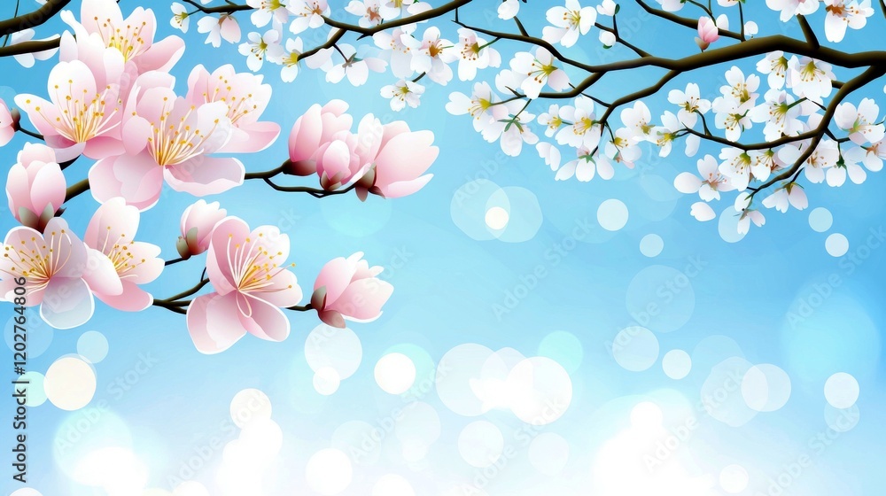 Poster blooming cherry blossoms against a bright blue sky with soft bokeh background creating a tranquil an