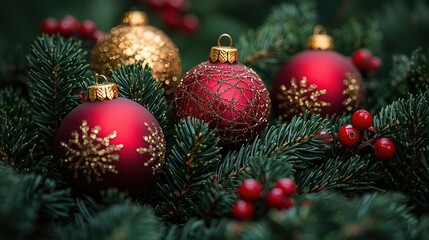 Festive Red And Gold Ornaments Adorn Christmas Tree Branches
