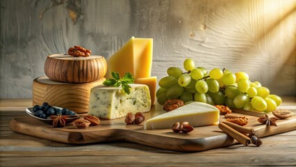 Artisanal cheese selection with nuts, berries, and grapes on a wooden board