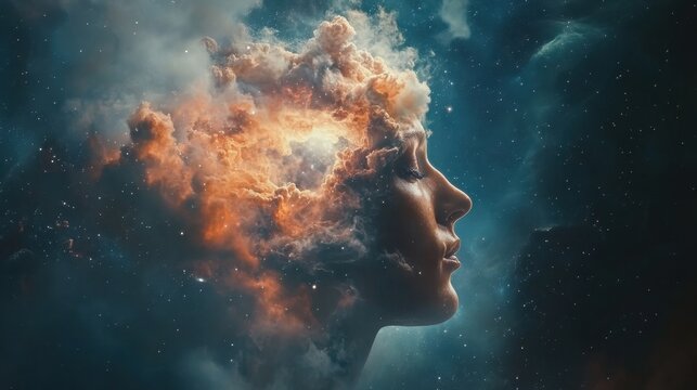 Human mind abstract space science head background. Brain face sky idea universe thought psychology 