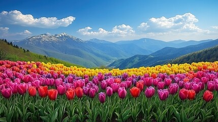 A vibrant field of tulips in various colors against a mountainous landscape and blue sky.