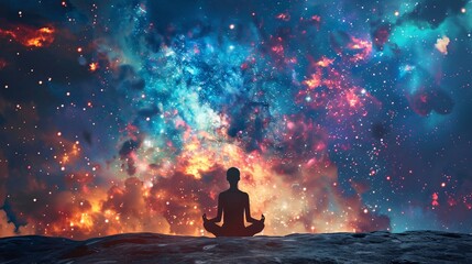 Bohemian-style meditation with spiritual balance and energy fields in a cosmic backdrop