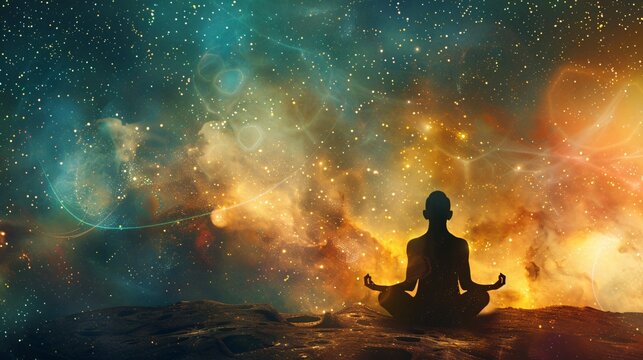 Bohemian-style meditation with spiritual balance and energy fields in a cosmic backdrop