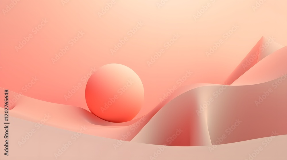Poster abstract sphere rolling on soft textured surface digital art minimalistic design warm color palette 