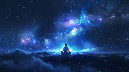 Light and harmonized energy fields around a meditating figure under the Milky Way
