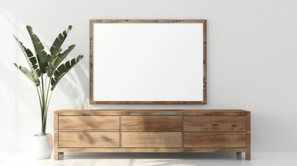 Boho Living Room with Rustic Wooden Dresser and Mockup Poster Frame on White Wall - Interior Design Concept