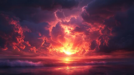 Fototapeta premium Dramatic sunset over ocean waves nature landscape vibrant colors viewpoint