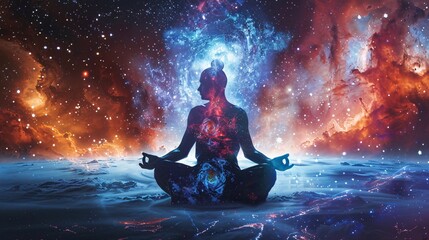 Meditating character with spiritual symbols and balanced energies in a cosmic setting