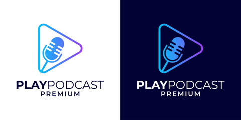 Podcast channel logo design with microphone icon symbol and play button vector illustration. Video play podcast logo design template. Vector logo design of podcast, radio, play, video, microphone.