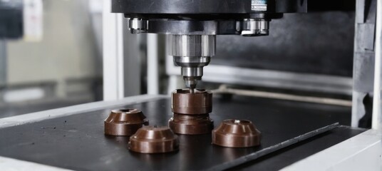Closeup view of black and silver CNC machine drilling into chocolatecolored cup or saucer in factory setting.