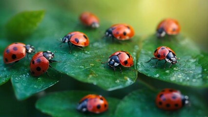 Fototapeta premium Serene scene of red ladybugs on wet leaf with blurred garden background, showcasing natural beauty and tranquility.