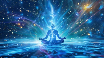 Meditator surrounded by balanced masculine and feminine energies depicted with light and energy