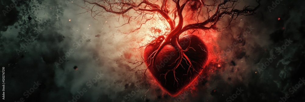 Fototapete heart symbol intertwined with tree roots against a dark and moody background illuminated by red tone