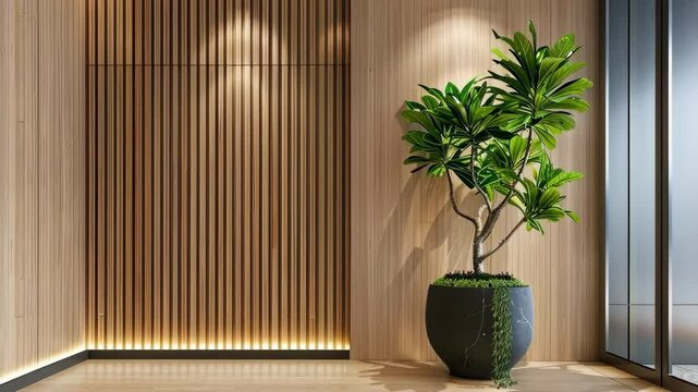 Modern interior with wooden panel wall and potted plants in natural light design.