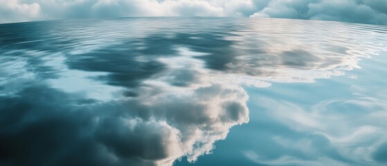 Surreal blend of clouds meeting water, with reflections creating an ethereal panorama, where sky and sea become one.