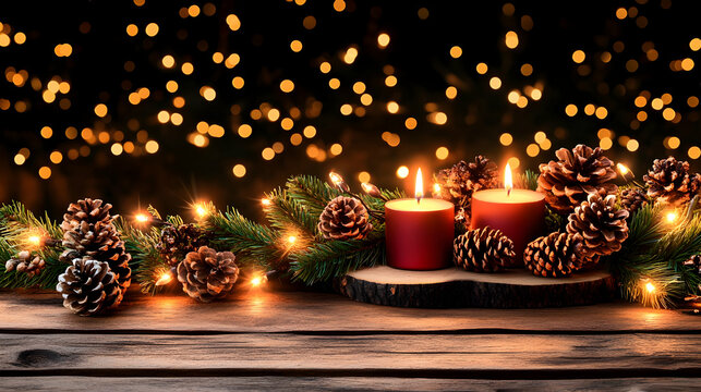 Christmas background - First Advent Sunday - Red Advent candle with natural Xmas decoration, branches and pine cones on rustic wood with magic lights
