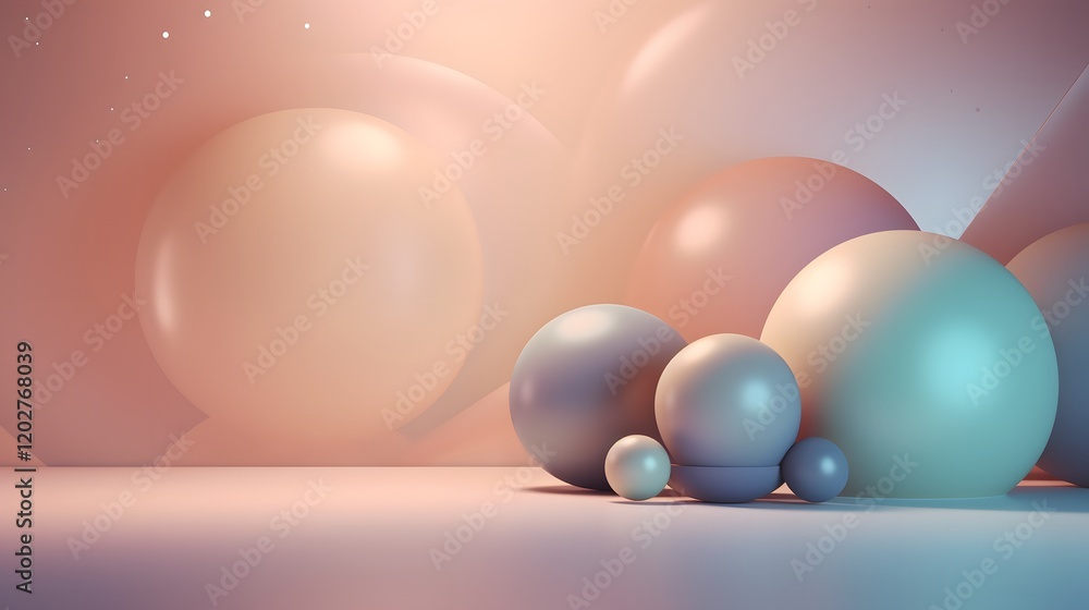 Poster dynamic spheres in abstract space 3d render modern art soft color palette digital perspective artist