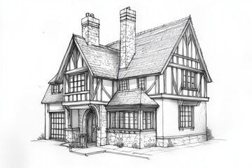 A detailed architectural sketch of a Tudor-style house featuring steeply pitched roofs, decorative half-timbering, and stone accents. The drawing showcases the front elevation.