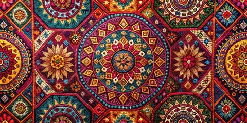 Vibrant Textile with Intricate Mandala and Floral Embroidery Designs