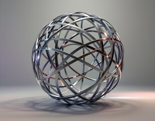 A smooth 3D metallic sphere made of intertwined metal ribbons.
