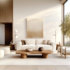 Scandinavian Modern Living Room with Neutral Tones, Comfortable White Sofa, Wooden Table, and Natural Light from Large Windows
