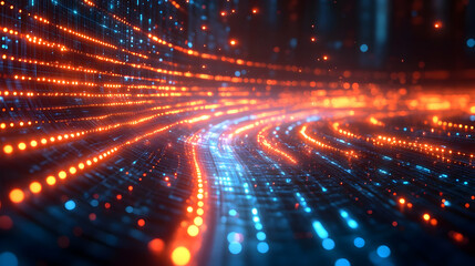 Fototapeta premium Abstract digital data flow with glowing orange and blue particles. Futuristic technology background