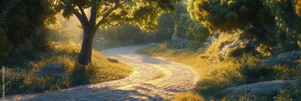 Poster winding cobblestone path through sunlit forest at golden hour with lush greenery. generative ai