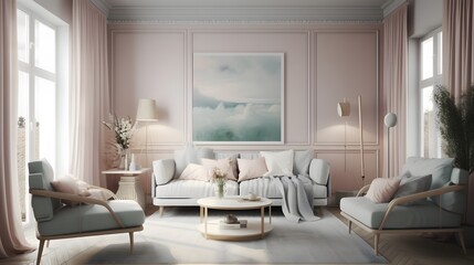 Fototapeta premium Elegant modern living room design contemporary home interior photography cozy atmosphere wide angle stylish decor