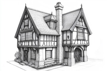 Fototapeta premium A detailed sketch of a Tudor-style house featuring a steep roof, decorative half-timbering, and a prominent chimney. The house has a welcoming entrance and landscaped surroundings.