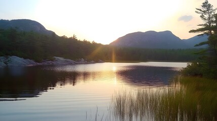 Serene Sunset Over Mountain Lake Reflecting Golden Light