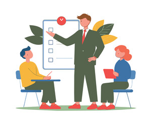 Business meeting flat people on presentation conference ilustration team seminar vector concept.