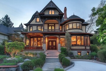 Fototapeta premium A stunning Victorian-style mansion with intricate architectural details, large windows, and a beautifully landscaped front yard. The house features a wraparound porch and elegant design elements.