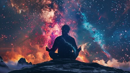 Bohemian-style meditation with spiritual balance and energy fields in a cosmic backdrop