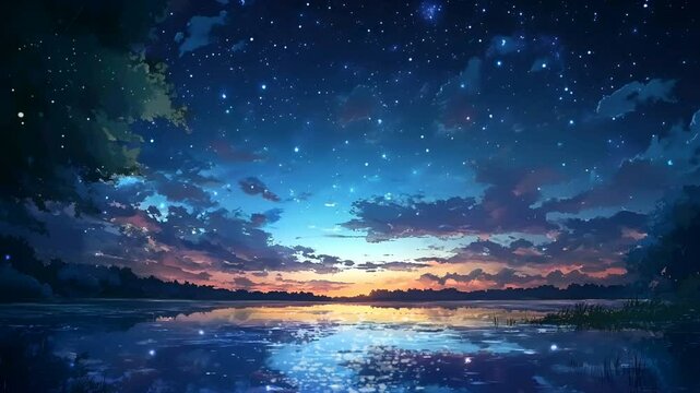 Simple night sky landscape on anime style. Special loop video clip