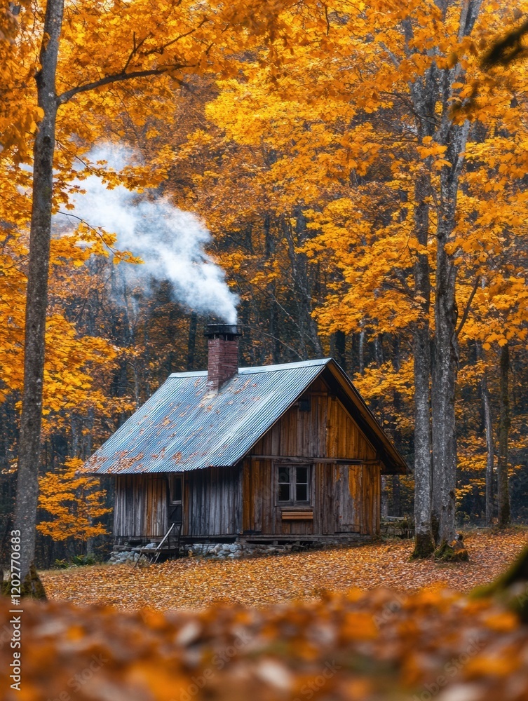 Aufkleber charming wooden cabin surrounded by vibrant autumn foliage in a serene forest setting during the fal