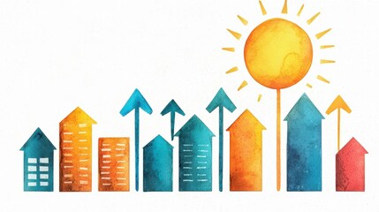 Obraz premium Colorful watercolors of buildings, trees, and sun with bright vibrant colors bringing warmth and energy to the scene
