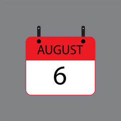 Calendar icon with date 6 august on grey background. Vector schedule symbol.