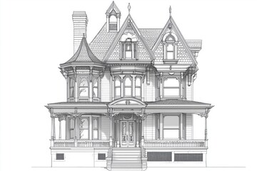 Fototapeta premium A detailed architectural drawing of a Victorian-style house featuring ornate details, multiple gables, and a large front porch.