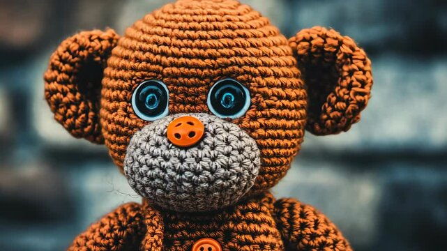 Handmade crochet teddy bear with vibrant buttons and detailed features on a textured background