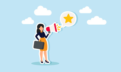 A businesswoman speaking loudly with a megaphone, creating a dialogue labeled with a star, illustration of promotion, education, or awareness about improving business quality
