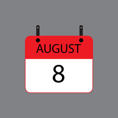 Calendar icon with date 8 august on grey background. Vector schedule symbol.